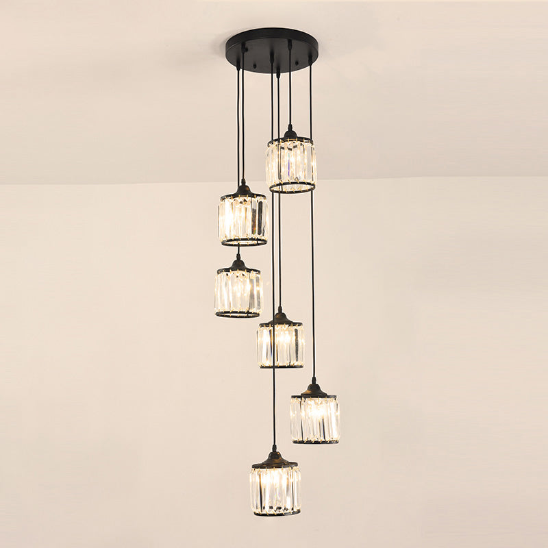 Contemporary Prismatic Crystal Cluster Pendant Light For Stairs 6 / Black