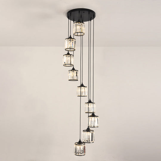 Contemporary Prismatic Crystal Cluster Pendant Light For Stairs 9 / Black