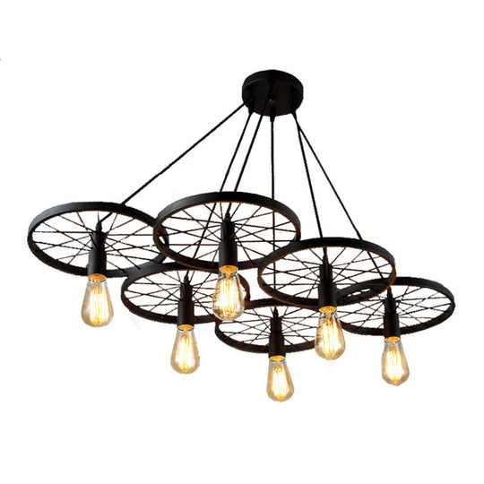 Industrial Metal Wagon Wheel Pendant Lamp: Black Hanging Light Fixture For Restaurants