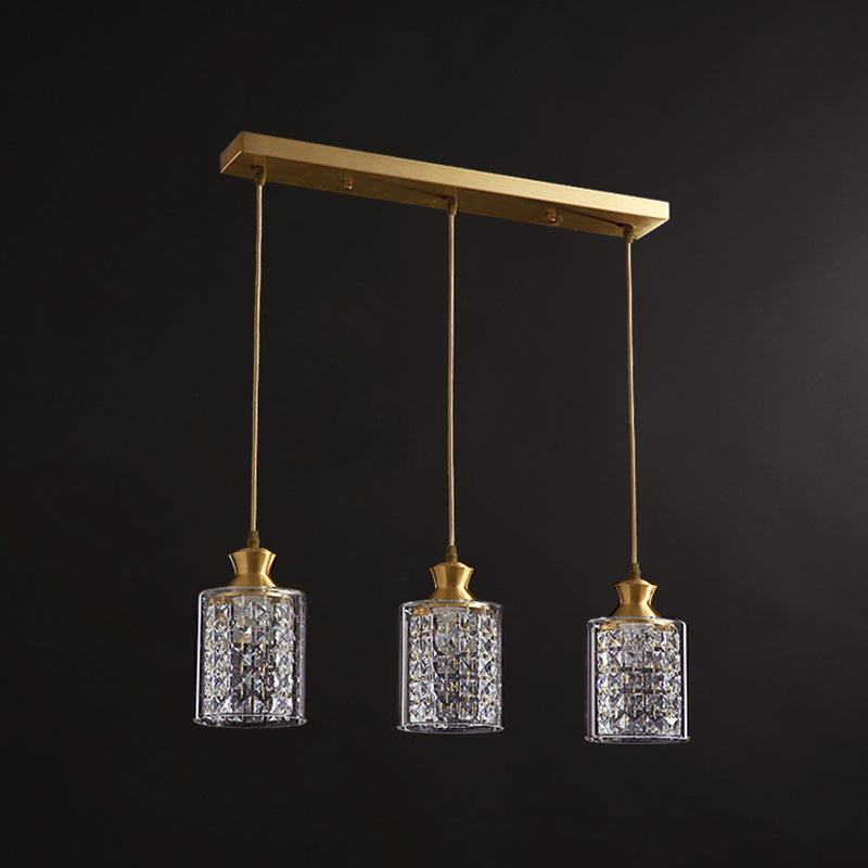 Gold Postmodern Crystal Pendant Light With 3 Shaded Heads For Dining Room Suspension