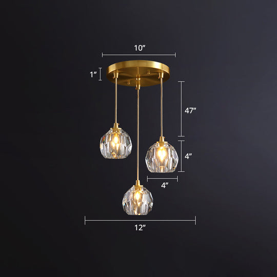 Gold Postmodern Crystal Pendant Light With 3 Shaded Heads For Dining Room Suspension