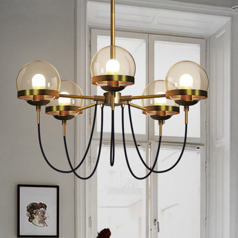 Country-Style Cognac Glass Pendant Light With Swoop Arm - Ball Chandelier