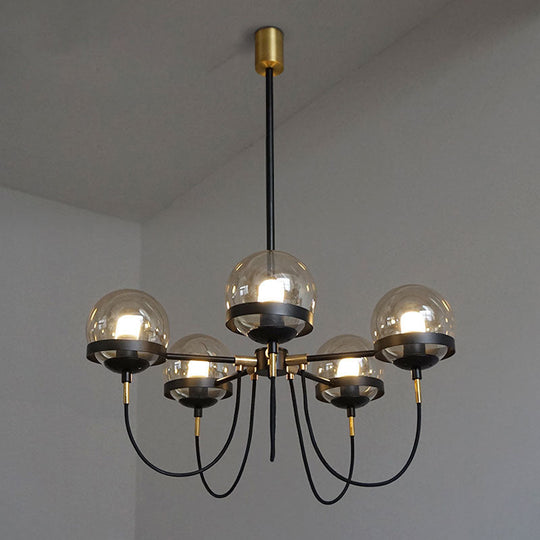 Country-Style Cognac Glass Pendant Light With Swoop Arm - Ball Chandelier 5 / Black