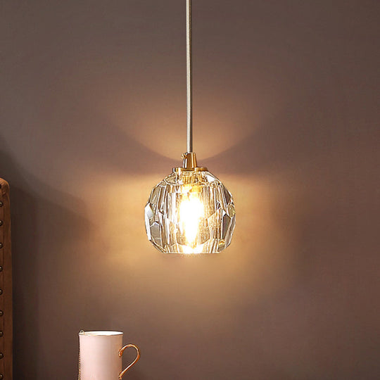 Clear Cut Crystal Gold Pendant Lamp With Simple Ball Design - 1 Bulb Bedside Light