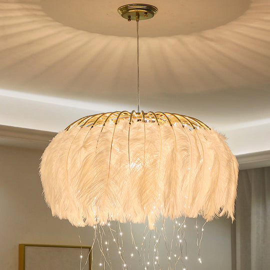 Nordic Feather Bedroom Ceiling Pendant Light: Round Chandelier With Firefly Led String