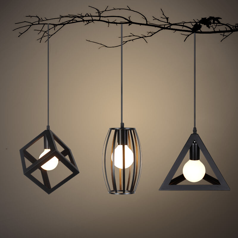Industrial Iron Geometric Cage Hanging Ceiling Light - Black Suspension Lamp For Restaurants