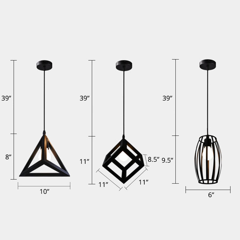 Industrial Iron Geometric Cage Hanging Ceiling Light - Black Suspension Lamp For Restaurants