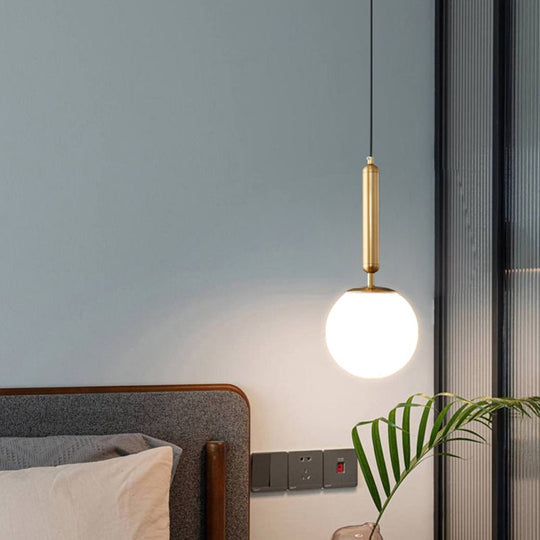Gold Glass Ball Pendant Light - Minimalist Bedside Ceiling Lamp With Opal Blown And 1 Bulb
