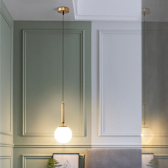 Minimalist Opal Glass Ball Pendant Light With Gold Finish - Bedside Or Ceiling Mount