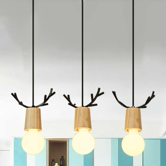 Nordic Antler Wood Pendant Light With 3 Hanging Bulbs - Ideal For Restaurants