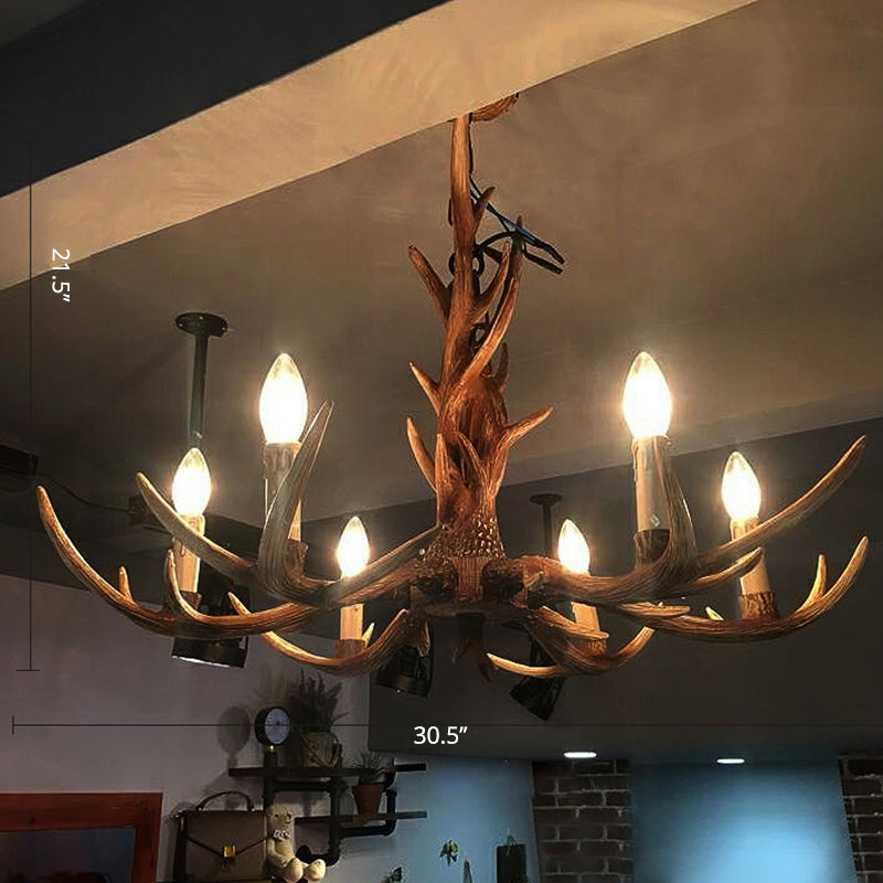 Antler Chandelier: Resin Countryside Living Room Lighting 6 / Wood