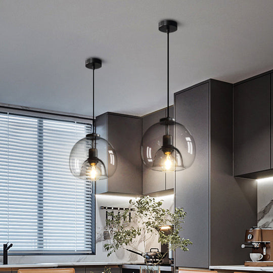 Hand-Blown Glass Dome Hanging Lamp Minimalist 1-Light Black Pendant Light Fixture Over Table