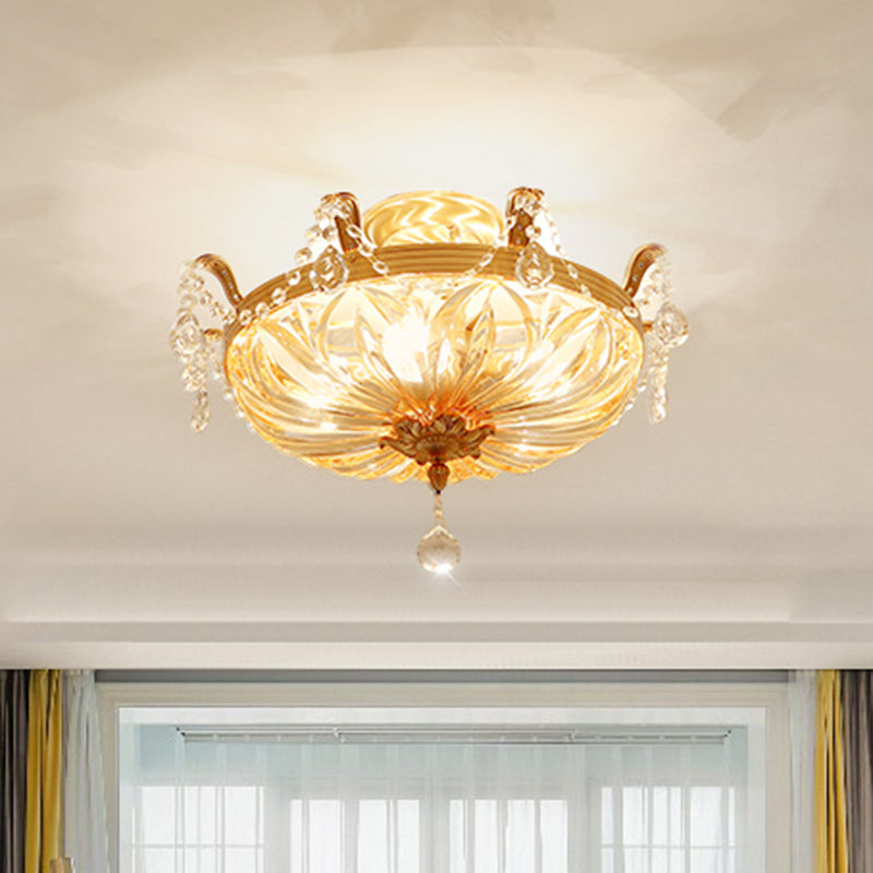 Vintage Brass Semi Flush Mount Ceiling Light With Amber Glass - 5-Light Shaded Lighting For Living