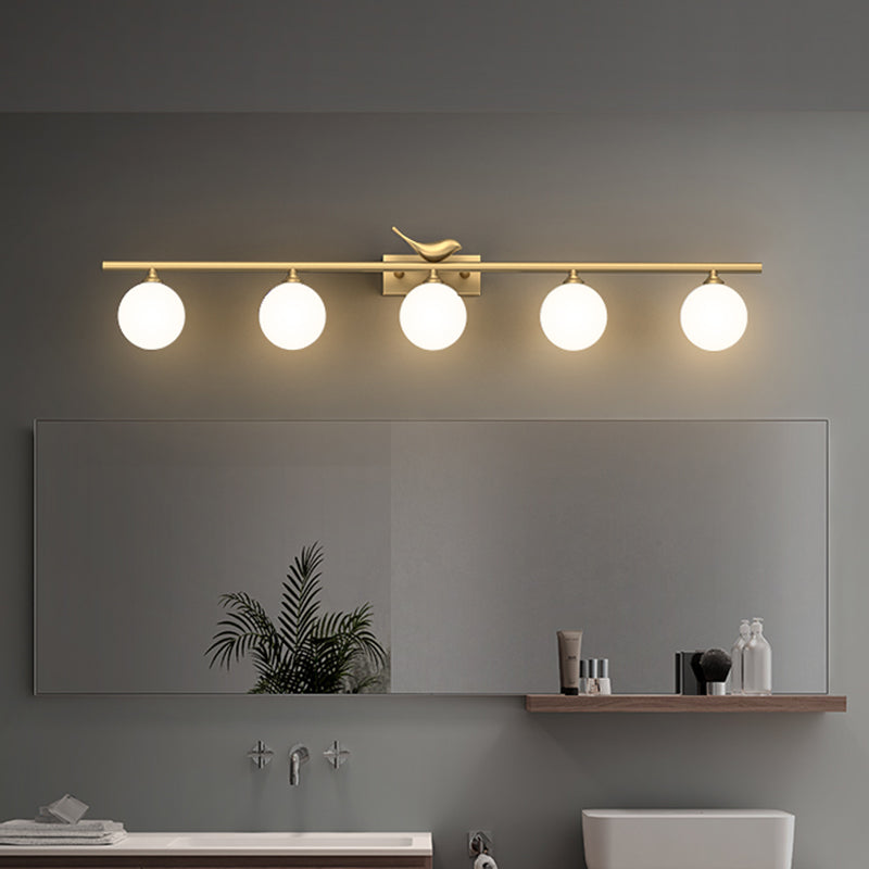 Opal Glass Wall Light With Brass Bird Decor - Ball Bathroom Vanity Sconce
