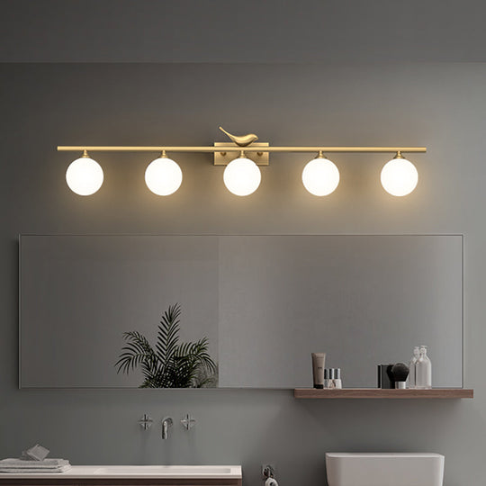 Opal Glass Wall Light With Brass Bird Decor - Ball Bathroom Vanity Sconce