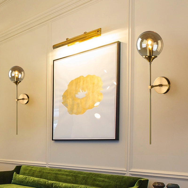Postmodern Brass Pencil Arm Wall Lamp Sconce With Ball Glass Shade