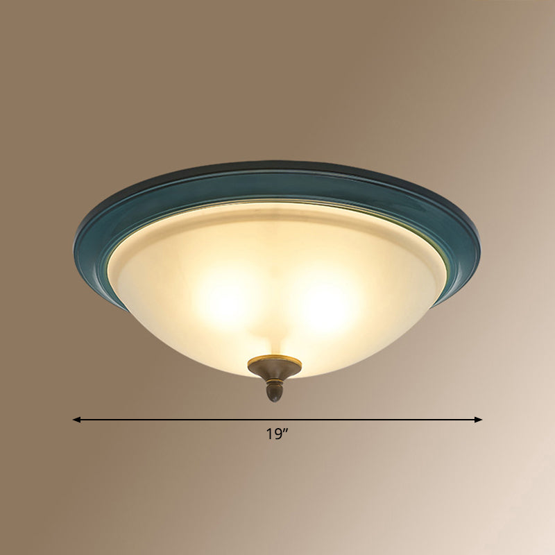 Rustic 3 - Light Bedroom Ceiling Lamp: Frosted White Glass Bowl Flush With Blue Accents