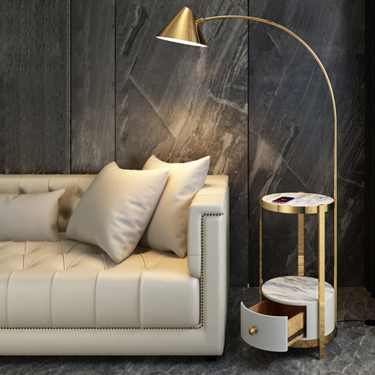 Postmodern Metal Fishing Rod Floor Lamp With Swivel Cone Shade And Marble Tray Cabinet