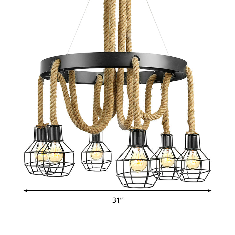 Vintage Style Black Multi-Light Chandelier Pendant With Rope Detail - Metal Global/Bell Cage Lamp