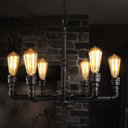 Vintage Metal Pendant Chandelier Lamp: 3/6 Heads Bare Bulb Design With Water Pipe Accent - Black