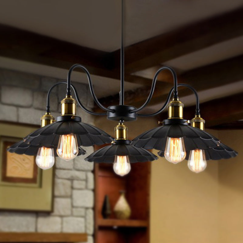 Industrial Metal Chandelier With Scalloped Design - Black Finish 5 Heads Indoor Pendant Lighting