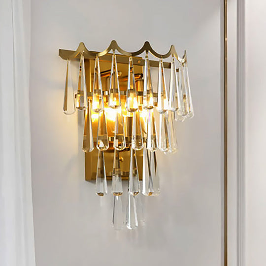 Modern 2-Light Metal Wall Fixture With Crystal Teardrop Shade And Golden Finish