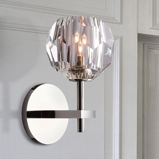 Crystal Faceted Wall Mount Lamp With Chrome Finish And Global Shade- Modern Style 1 Bulb