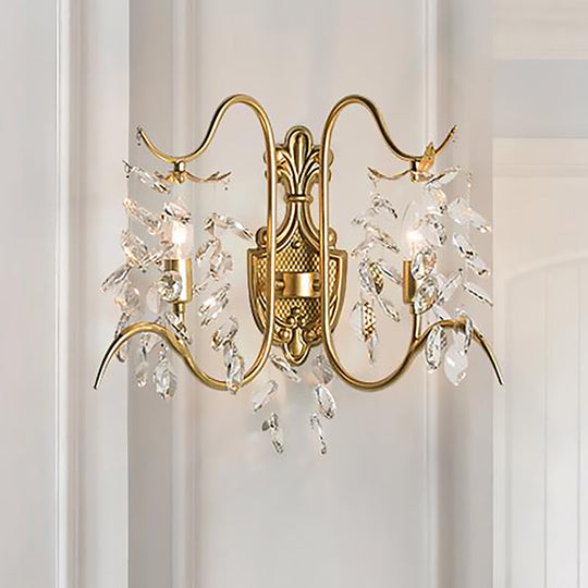 Contemporary Brass Sconce Light With Clear Crystal Strand - Curve Arm Wall (2-Light)