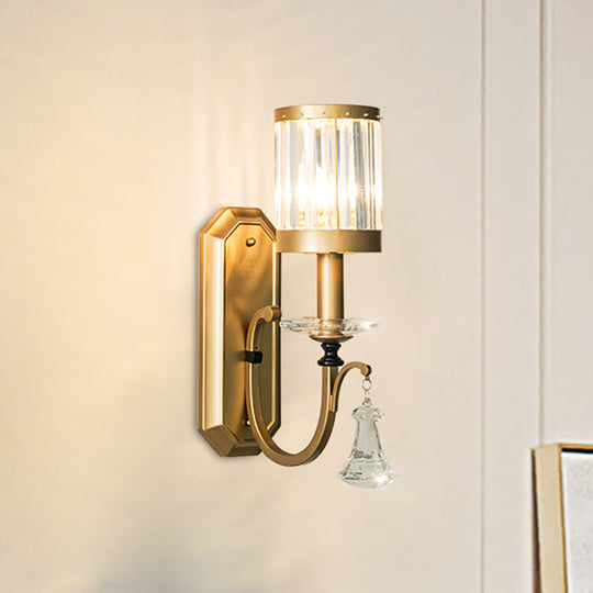 Modern Prismatic Crystal Cylinder Sconce Light - Elegant Brass Wall Mount For Living Room