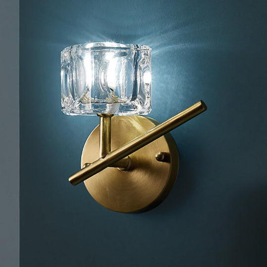 Contemporary Brass Wall Sconce With Clear Crystal Shade For Bedroom