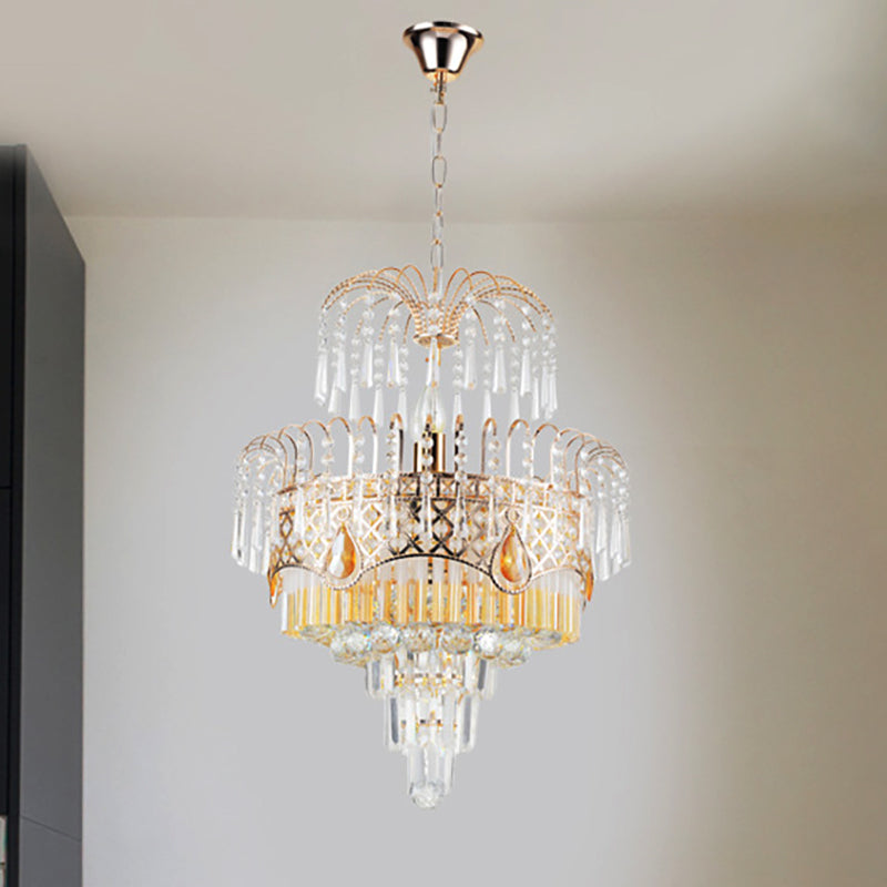 Modern Gold Chandelier Light With Layered Crystal Shade - 3/7 Lights 18’/19.5’ Wide Dining Room