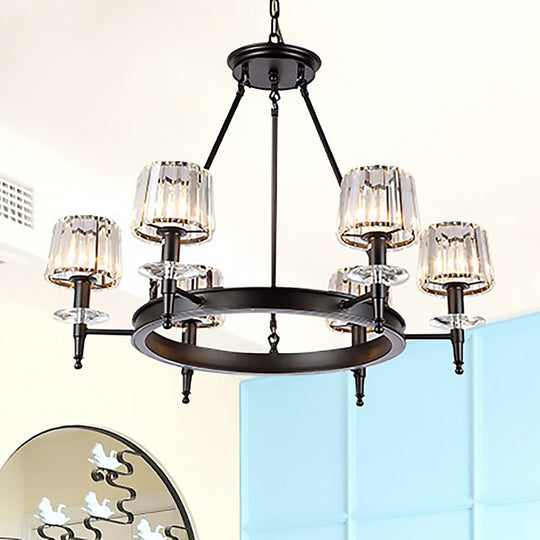 Vintage Black Barrel Hanging Light: Metal Chandelier With Prismatic Glass Shades - 3/6/8 Lights