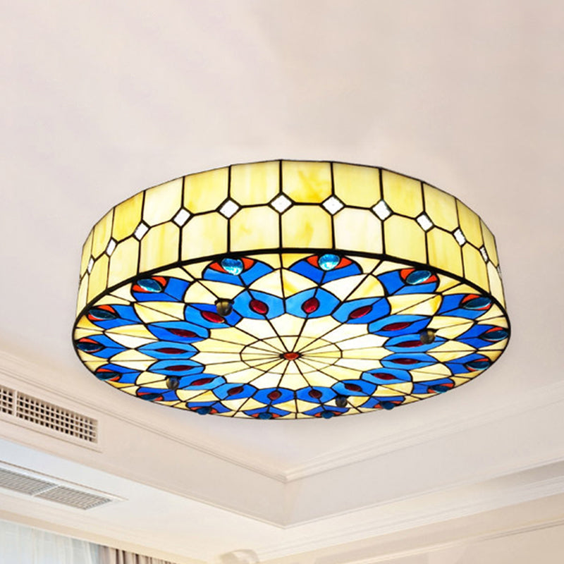 Tiffany Blue Peacock Design Flushmount Ceiling Light For Restaurants - 16/18 Round Shade / 16