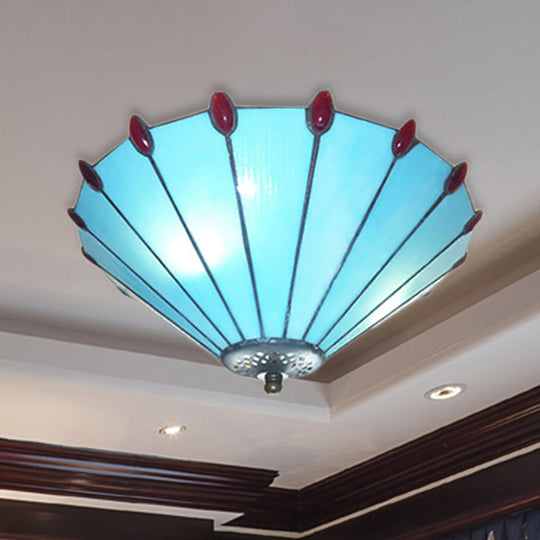 Blue Tiffany Style Cone Ceiling Lamp - Art Glass Finish Flush Light For Dining Room