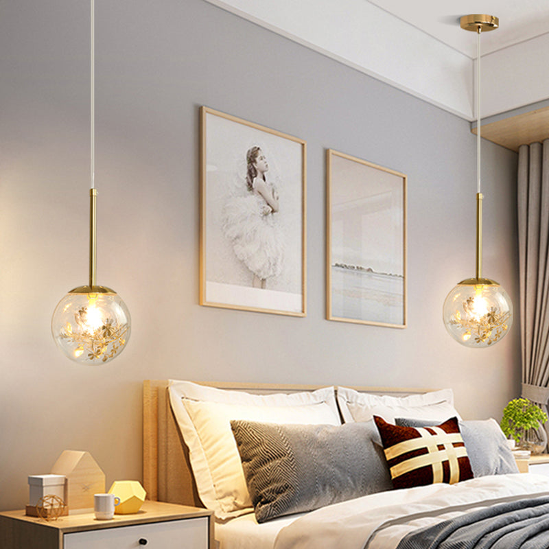 Modern Gold Spherical Glass Pendant Ceiling Light For Bedroom