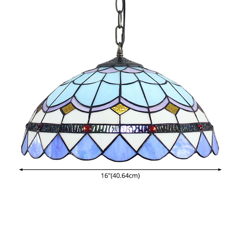 Blue Tiffany Glass Dome Hanging Lamp - 16’ Wide 1 Light