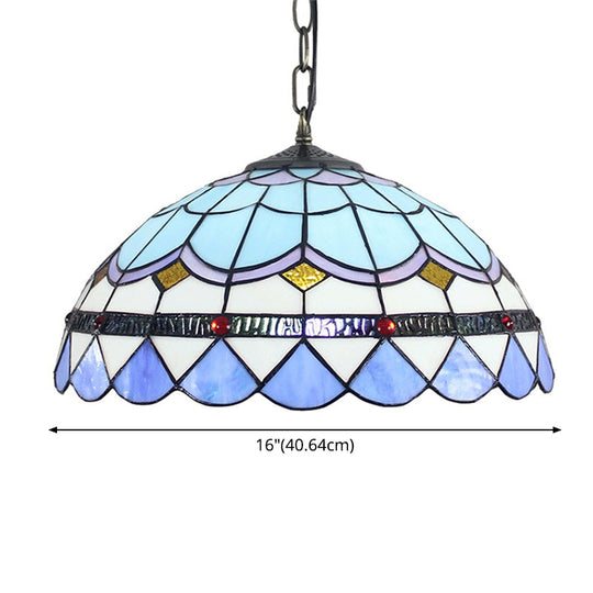 Blue Tiffany Glass Dome Hanging Lamp - 16’ Wide 1 Light