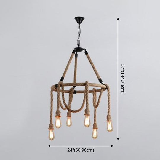 Adjustable Industrial Rope Chandelier - 6 Lights Beige Ceiling Fixture