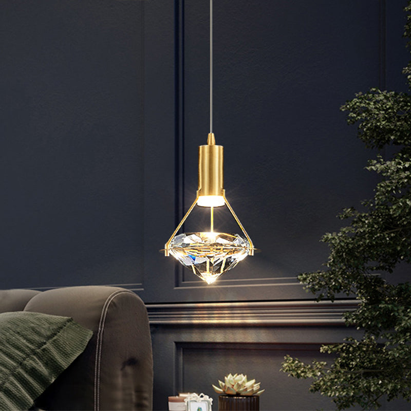 Brass Crystal Pendant Light With Led Modern Diamond Ceiling Lighting For Bedroom
