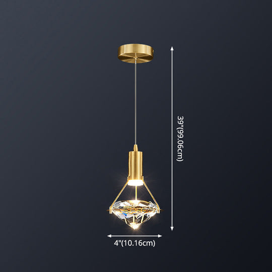 Modern Brass Crystal Pendant Light With Diamond Design - Led Bedroom Ceiling Lighting