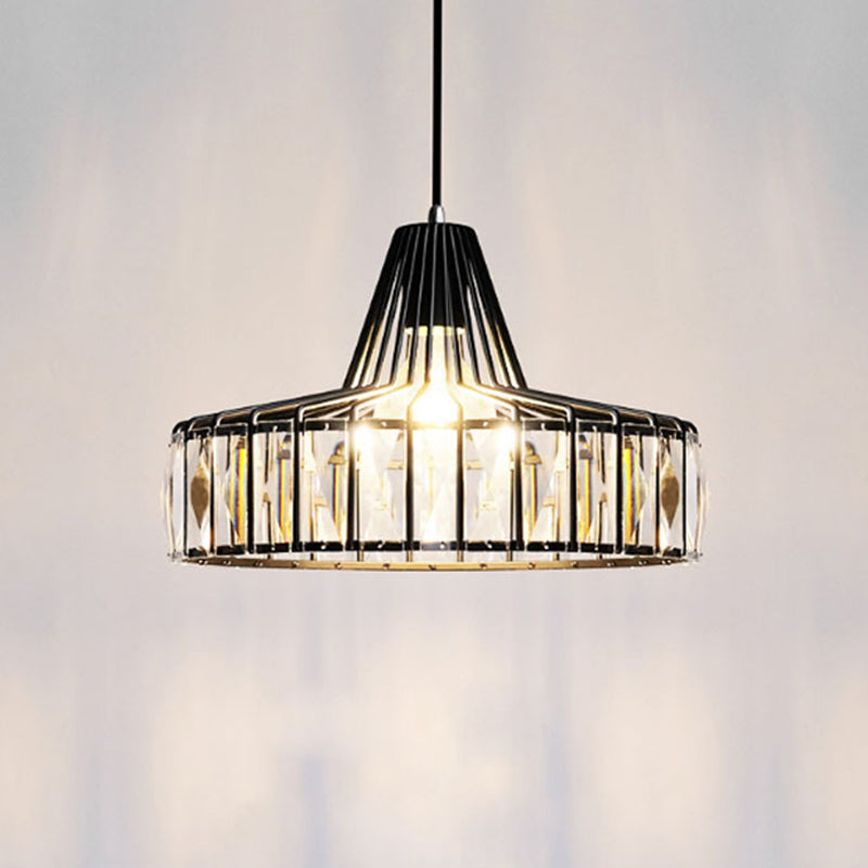 Black Metal Frame Crystal Pendant Light For Dining Room - Modern Ceiling Hanging Fixture