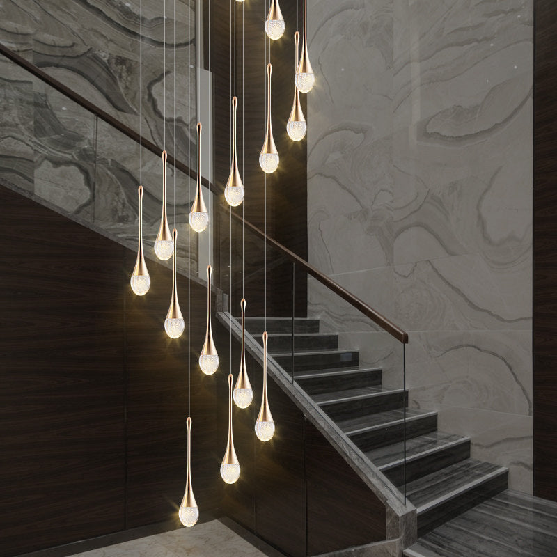 Modern Brass Crystal Hanging Led Pendant Lights - Long Cone Cascade Design For Stairwell