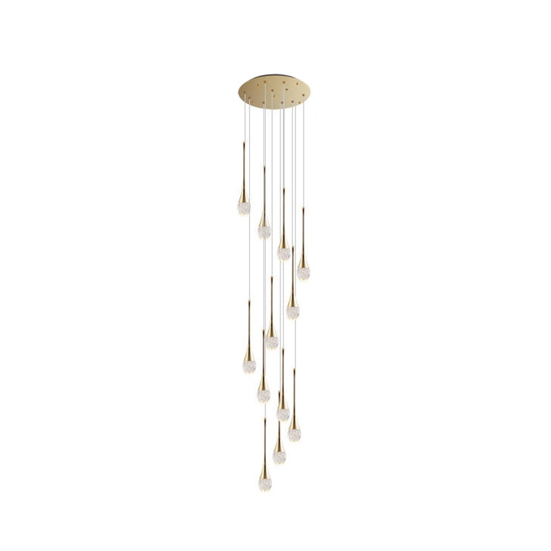 Modern Brass Crystal Hanging Led Pendant Lights - Long Cone Cascade Design For Stairwell 12 /