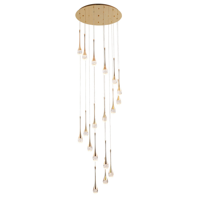 Modern Brass Crystal Hanging Led Pendant Lights - Long Cone Cascade Design For Stairwell