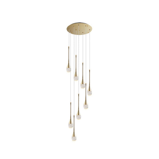 Brass Crystal Cone Pendant Light Set With Long Led Cascade - Perfect For Stairwell 8 /