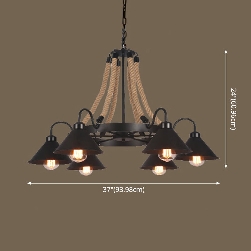 Vintage Industrial Chandelier: Large Rope & Cone Metal Shade Pendant Light For Coffee Shops