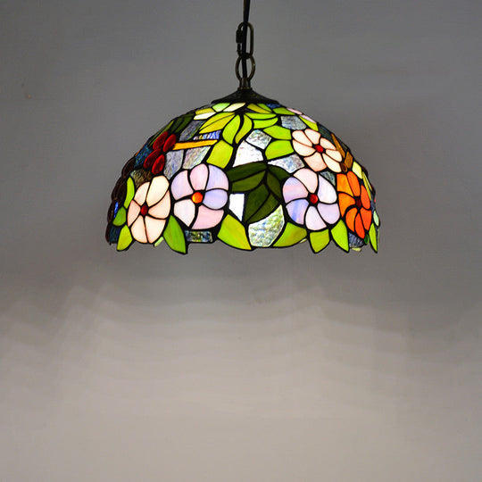 Tiffany-Style Green Stained Glass Bowl Pendant Light With 1 Hanging Lamp
