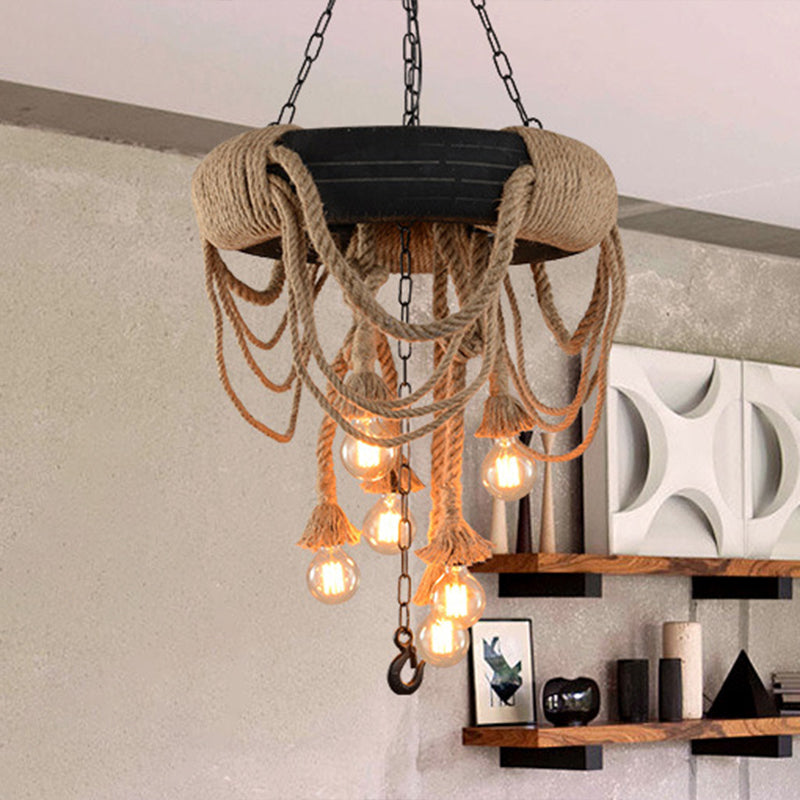 Vintage Automobile Tire Pendant Light For Restaurants - Black Industrial Rope Suspension