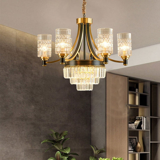 Gold Textured Crystal Chandelier With Cylinder Dining Room Hanging Light - Postmodern Style 6/8