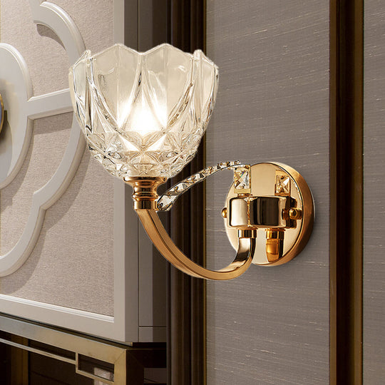 Postmodern Clear Glass Wall Mount Sconce Light With Crystal Accent - Gold Finish